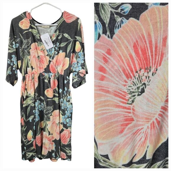 Oddi NWT Gray Floral Jersey Knit Dress Surplice Kimono Sleeve Soft Comfy Casual - Picture 15 of 15